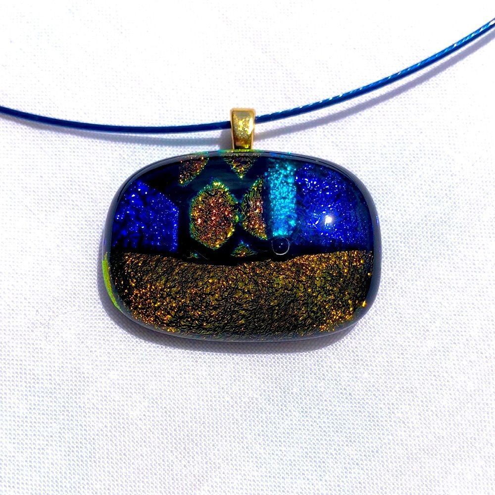Handmade Fused Glass Pendant with Blue Necklace Golds, Blues,RosePink,Aqua